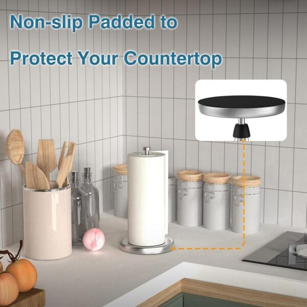 Paper Towel Holder Countertop, One-Handed Tear Paper Towel Holder Stand with Ratchet System, Stainless Steel Paper Towel Holder with Weighted Base for Kitchen Bathroom (Silver) - Image 4