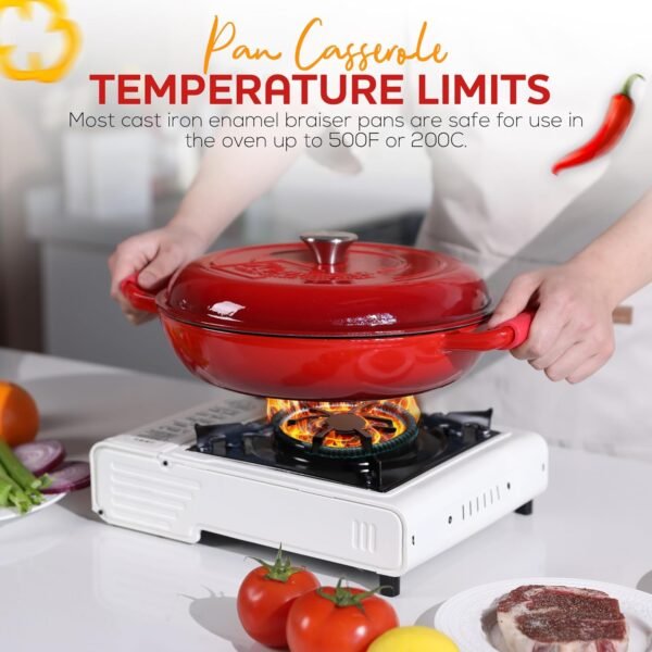 3.5 Qt Enameled Cast Iron Braiser Pan with Lid - With Customizable Knobs & Silicone Heat Grippers - Dutch Oven Cast Iron for Stir Fry & Baking - Braising Pan with Lid Oven Safe Upto 500F - Image 8