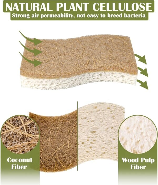 Natural Kitchen Sponge, Eco-Friendly Dish Sponge for Kitchen - Biodegradable Cellulose and Coconut Scrubber Sponge-Pack of 14 Household Cleaning Sponge for Dishes, White - Image 3