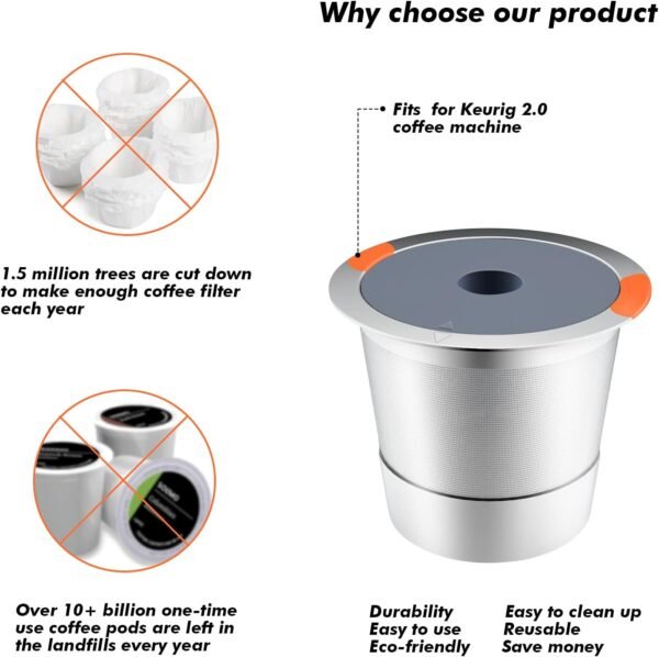 Reusable k Cup Coffee pod Filters,Universal stainless steel Refillable k Cups Filter Use for Keurig 2.0 and 1.0 Coffee Makers-machine(1pack)… - Image 3