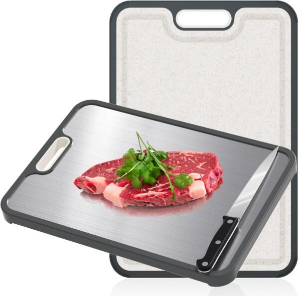 Cutting Board Double Sided With knife,HI NINGER 304 Stainless Steel Cutting Board for Kitchen,Food-Grade, Stainless Steel and Wheat Straw PP,Easy to Clean Large Cutting Board,non toxic Chopping Board