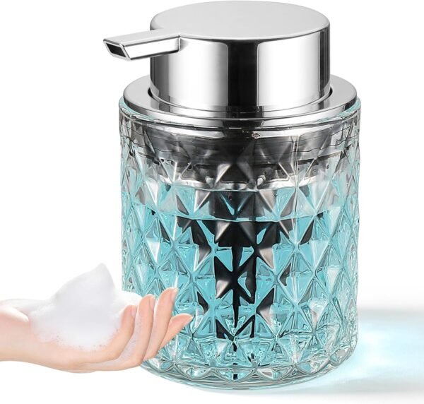 Foaming Soap Dispenser, Clear Glass Foam Hand Soap Dispenser for Bathroom, Refillable 10 Oz Foamy Pump Bottle with Plastic Sliver Pump, Modern Diamond Dish Soap Foam Dispenser Container