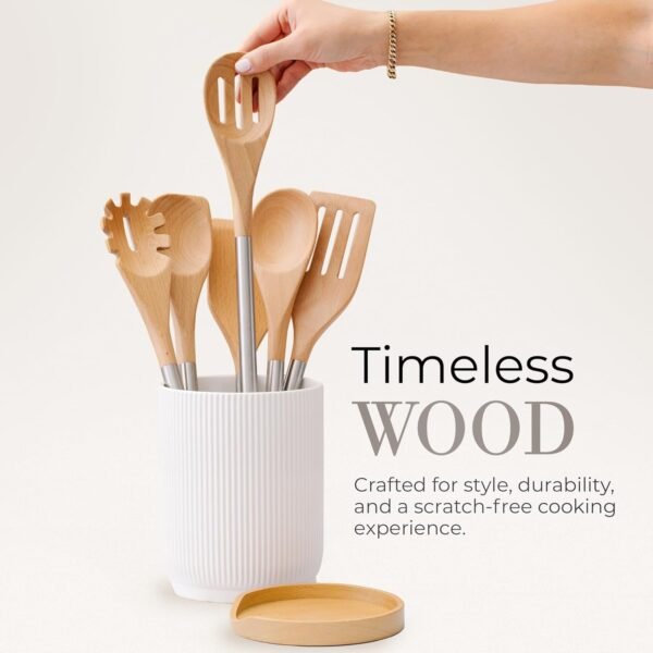 STYLED SETTINGS Wood Cooking Utensils Set with Stainless Steel Handles – 6-PC Durable Wooden Utensils for Cooking, Serving, & Mixing – Kitchen Utensils Set for Nonstick Cookware, Great for Gifting - Image 8