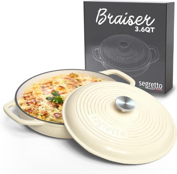 3.6 QT Braiser Enameled Cast Iron Casserole Pan With Cover, Bianco Perla (Off-White) Cast Iron Braiser Pan With Lid, Lasagna Pan Enamel Cast Iron Skillet with Lid Cookware