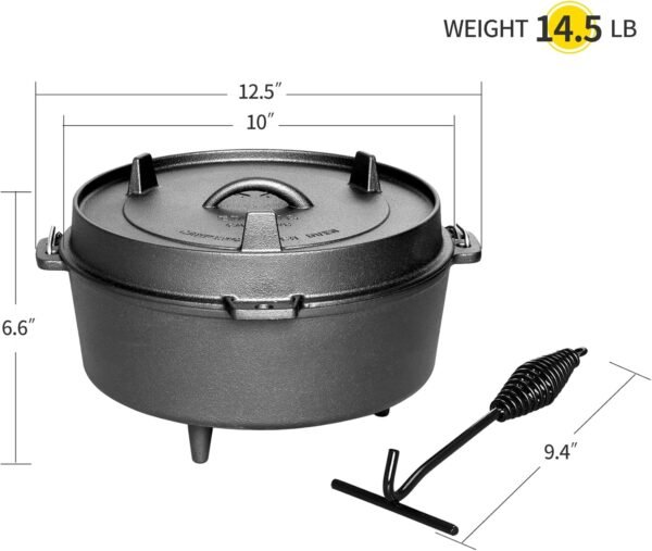 Pre-Seasoned Cast Iron Dutch Oven With Skillet Lid, Outdoor Camping Deep Pot for Camping Fireplace Cooking BBQ Baking Campfire, Leg Base, 4.5 Quart - Image 3