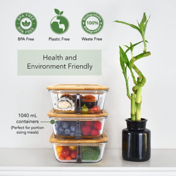 Glass Bento Box Containers with Bamboo Lids, 3 Compartment Glass Meal Prep Containers [3 Pack] - 100% Plastic Free, Eco-Friendly Glass Lunch Containers, Bamboo Glass Bento Boxes for Adults - Image 5