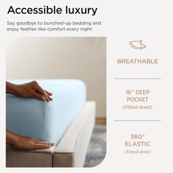 Threadmill Egyptian Cotton Full Size Sheet Set | 100% Certified Egyptian Cotton Sheets for Full Size Bed | Full Bed Sheets Set 16" Deep Pocket | Soft Sateen 4-Piece Cooling Bedding Set | Light Blue - Image 5