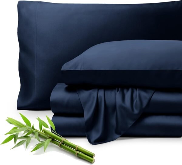 Bare Home 100% Rayon Made from Bamboo Luxury Queen Sheet Set - 4 Piece Bedding Set - Deep Pockets - Cooling Sheets - Breathable - Easy Fit - Soft Bedding Sheets & Pillowcases (Queen, Dark Blue)