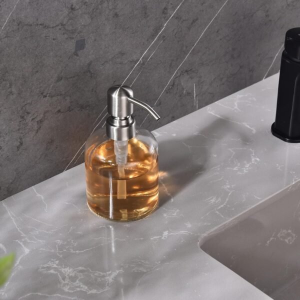Qeemee Clear Glass Soap Dispenser, 11 Oz Boston Round Bottle Dispenser with Stainless Steel Pump, Refillable Kitchen & Bathroom Countertop Dish Soap Dispenser, Brushed Nickel - Image 6