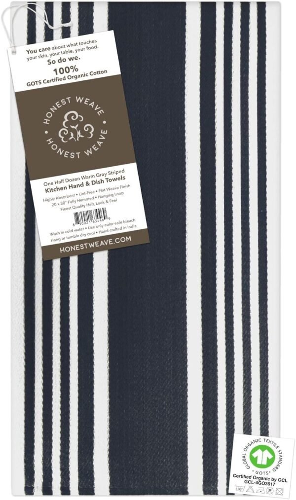 GOTS Certified Organic Cotton Kitchen Hand and Dish Towel Sets - Oversized 20x30 inches, Fully Hemmed, in Designer Colors, 6-Pack, Black Stripe - Image 2