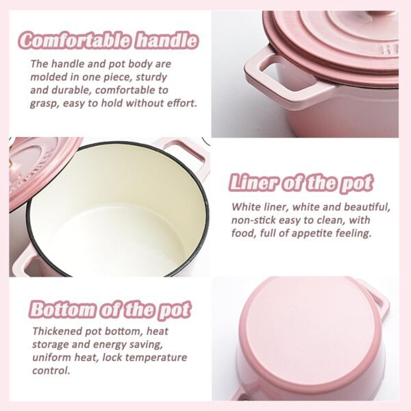 Enameled Cast Iron Dutch Oven, Pink Nonstick Dutch Oven Pot with Lid, Round Enamel Cookware for Braising Stewing Roasting Baking, Good Sealing, Cooking Pot Suitable for All Stoves (Pink) - Image 4