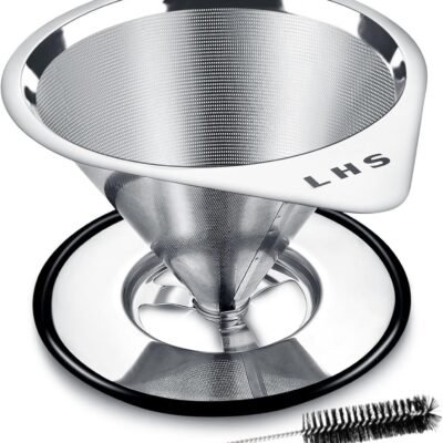 LHS Pour Over Coffee Dripper Stainless Steel Coffee Filter Metal Cone Filter Paperless Reusable Coffee Filter Single Cup Coffee Maker 1-2 Cup With Non-slip Cup Stand and Cleaning Brush