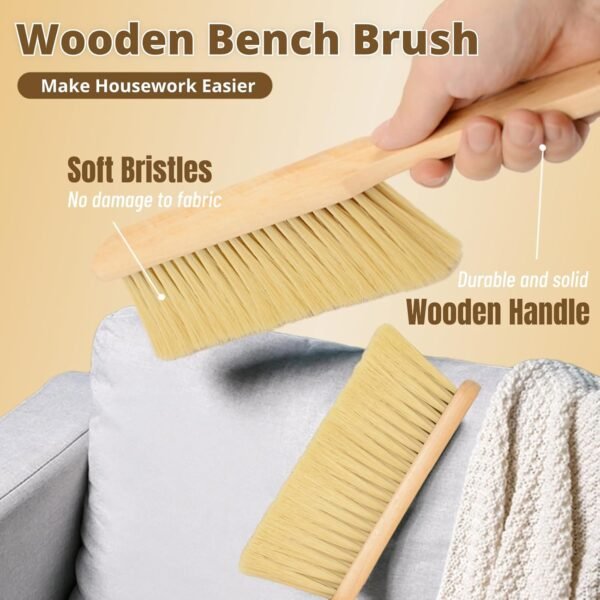 2 Pieces Woooden Dust Brush Hand Broom Bench Brush with Long Wood Handle Whisk Broom Soft Bristle Brush for Counter Bed Sofa Car Fireplace Clothes Household Cleaning(Khaki) - Image 2