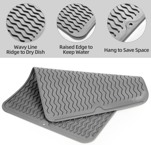 2 Pack Silicone Dish Drying Mat, Heat-resistant Kitchen Counter Mat for Sink, Refrigerator, Drawer, Dish Drying Pad for Dishes, Utensils, Pots, Pans, 15.72"x11.79", Grey - Image 5