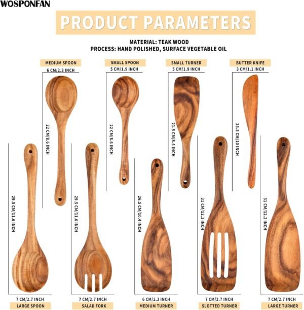 Wooden Spoons for Cooking, 9 PCS WOSPONFAN Kitchen Utensils Set, Wooden Utensils for Cooking - Wooden Spoons, Spatula Set, Slotted Spoon, Handmade Wooden Spoon Set - Image 2