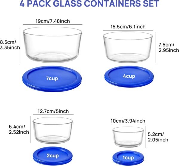 Vtopmart 4Pack Glass Bowls with Lids (1, 2, 4 & 7 Cup), Glass Food Storage Containers, Meal Prep and Leftovers Keeper, Lunch Containers, Microwave, Dishwasher & Freezer Safe - Image 2