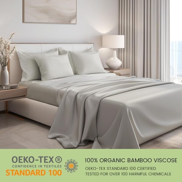 JSELF 100% Organic Viscose from Bamboo Sheets Queen Size Set - Ultra Soft & Luxuriously Cooling Sheets for Hot Sleepers, Double Stitching, 16" Deep Pocket, 4PCS Queen Size Bed Sheets Set (Grey) - Image 2