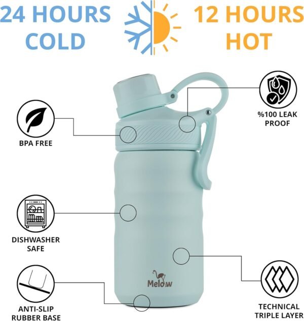 MELOW 12 oz Kids Water Bottle, Stainless Steel Insulated with Straw and Chug Lid, 2 Lids, Leak-Proof, Easy to Clean, Perfect for School, Camp, Water, Milk, Juice (Seablue) - Image 3
