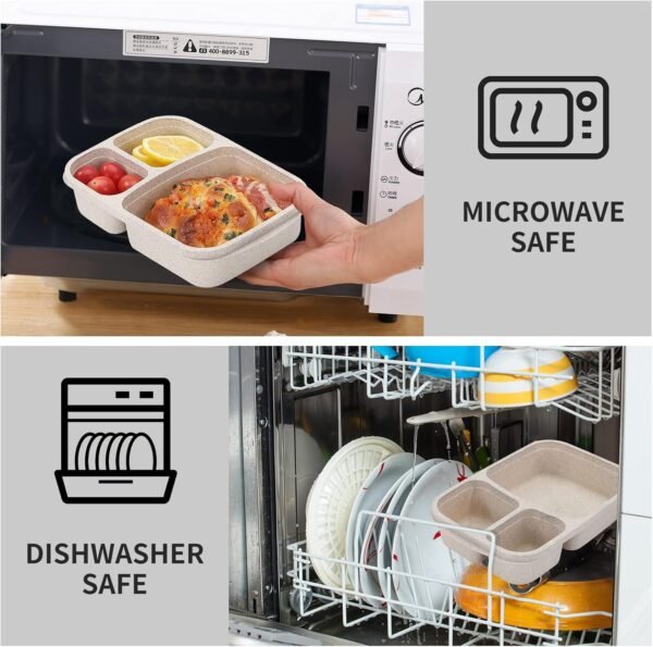 8 Pack Bento Lunch Box Set 3 Compartment Wheat Straw Meal Prep Food Storage Containers Plastic, Microwave and Dishwasher Safe(8 Pack（3 Compartment) - Image 6