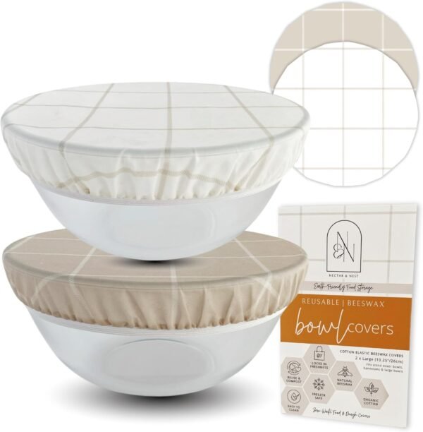 Reusable Bowl Covers for Bread Proofing (2 Lg) - Beeswax Bowl Covers Reusable, Sourdough Bowl Cover, Elastic Cotton Cloth Bowl Covers, Bread Cover for Rising, Bread Bowl Cover, Fabric Bowl Covers