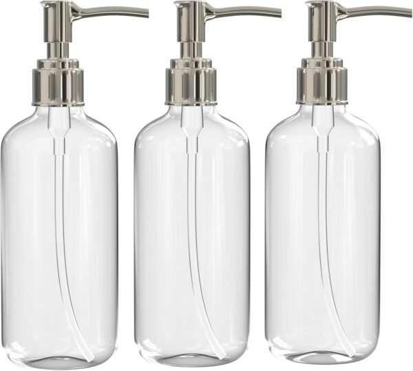 Clear Soap Dispenser with Rust Proof Pump, (3 Pack, 16 Oz) Plastic Hand Soap Bottles for Bathroom & Kitchen, Refillable for Liquid Dish Soaps, Hand Soaps & Lotion