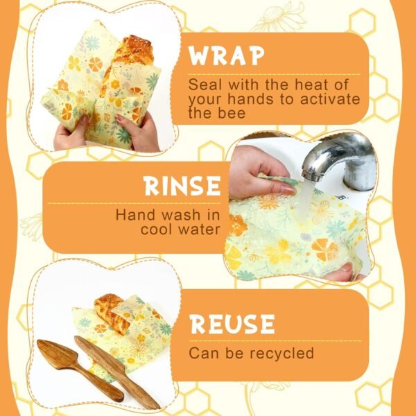 3 Rolls Reusable Beeswax Food Wraps 13'' x 59'' Eco Friendly Sustainable Beeswax Food Storage Wrap Honeycomb Floral Organic Cotton Food Wrap for Bread Sandwich Cheese Fruit - Image 5