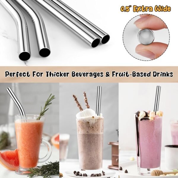 NiHome 8-Pack Stainless Steel Smoothie/Milkshake Straws, 0.5'' Extra Wide Reusable Metal Straw, Straight & Bent Drinking Straws for Boba, Thick Beverages, Cold Drinks, 2 Brushes (Silver) - Image 2