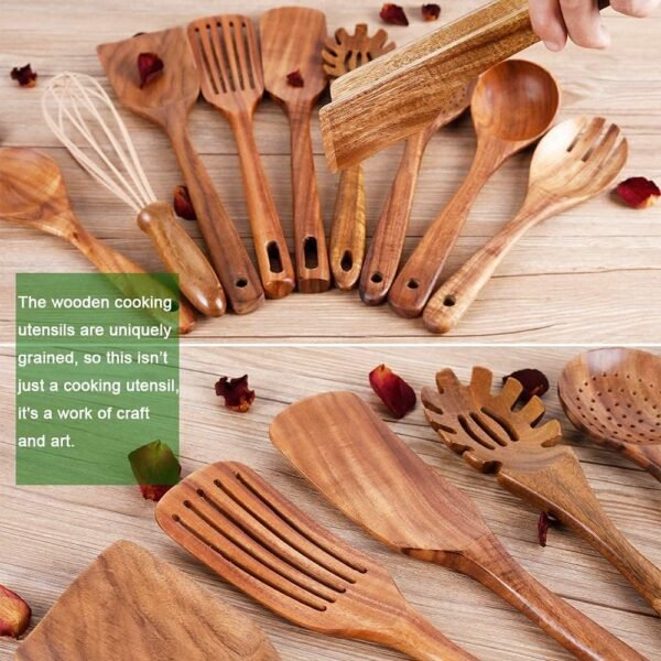 Natural Teak Wood Kitchen Utensils with Spatula and Ladle (10) - Image 4