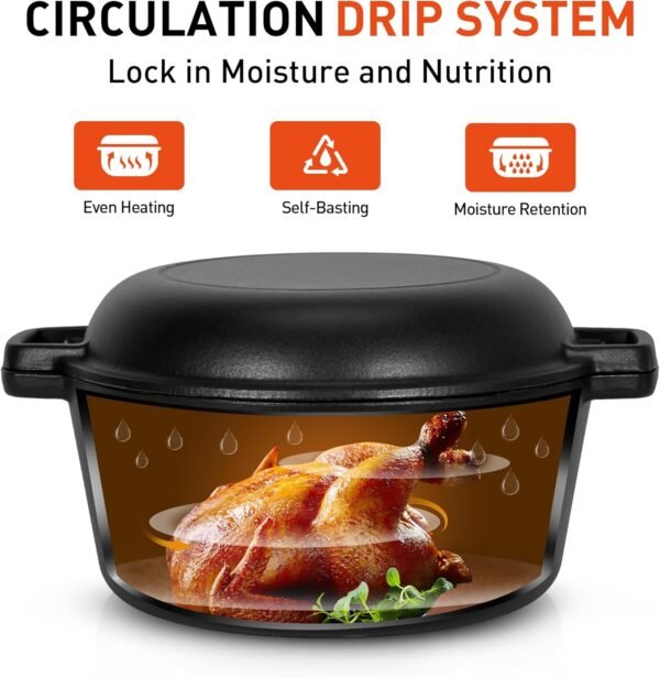 MAISON ARTS 2-in-1 Enamel Cast Iron Dutch Oven with Dual Handles, 5 QT Dutch Oven Pot & 10.5“ Skillet Lid Doubles as Cast Iron Pan, Oven Safe up to 500°F, Cookware for Cooking Baking Stewing - Image 3