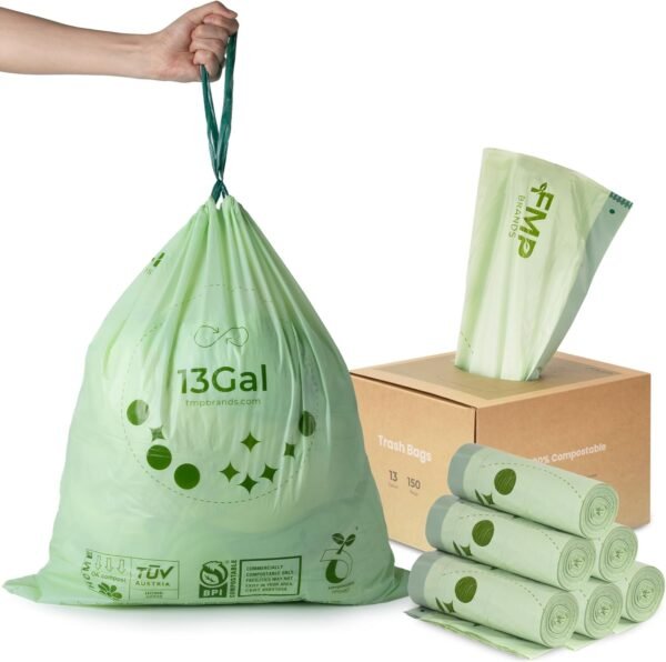 FMP Brands 150 Count 13 Gallon Compostable Trash Drawstring Bags, Extra Thick 1.2 Mil, Leak-Proof Kitchen Food Scrap Waste Bag, Large Compost Trash Can Liner, BPI, ASTM D6400, OK Compost Certified