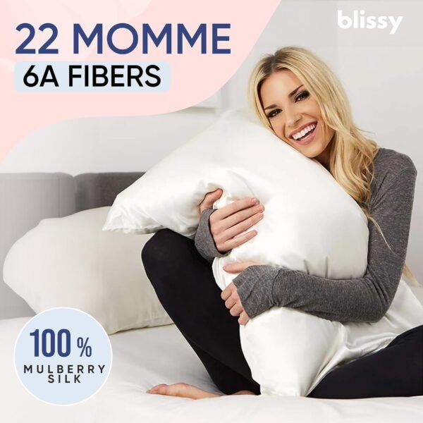 Blissy Silk Pillowcase - 100% Pure Mulberry Silk - 22 Momme 6A High-Grade Fibers - Silk Pillow Cover for Hair & Skin - Regular, Queen & King with Hidden Zipper (Standard,Blissy White) - Image 2