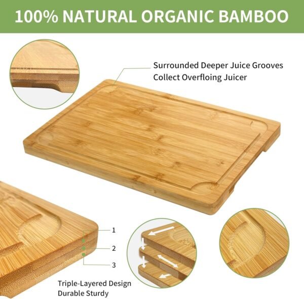 4 Piece Extra Large Bamboo Cutting Board Set For Kitch, Heave Duty Wood Cutting Board With Juice Groove Pre Oiled Chopping Board Set For Meat Vegetable Fruits - Image 4