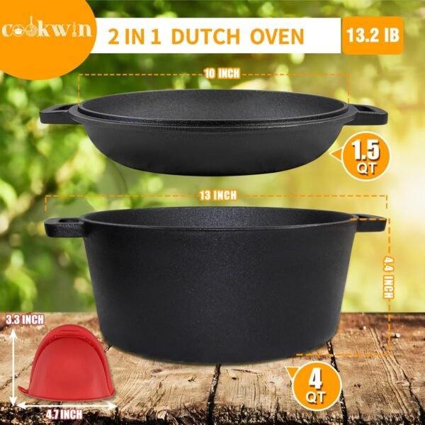 2-in-1 Dutch Oven Cast Iron Dutch Oven pot with Lid,Cast Iron Pots and Pans Set,5.5 Quart Cast Iron Pot,Pre-Seasoned Dutch Oven with Pans Set,All-in-One Cookware Set for camping lodge or RV - Image 6