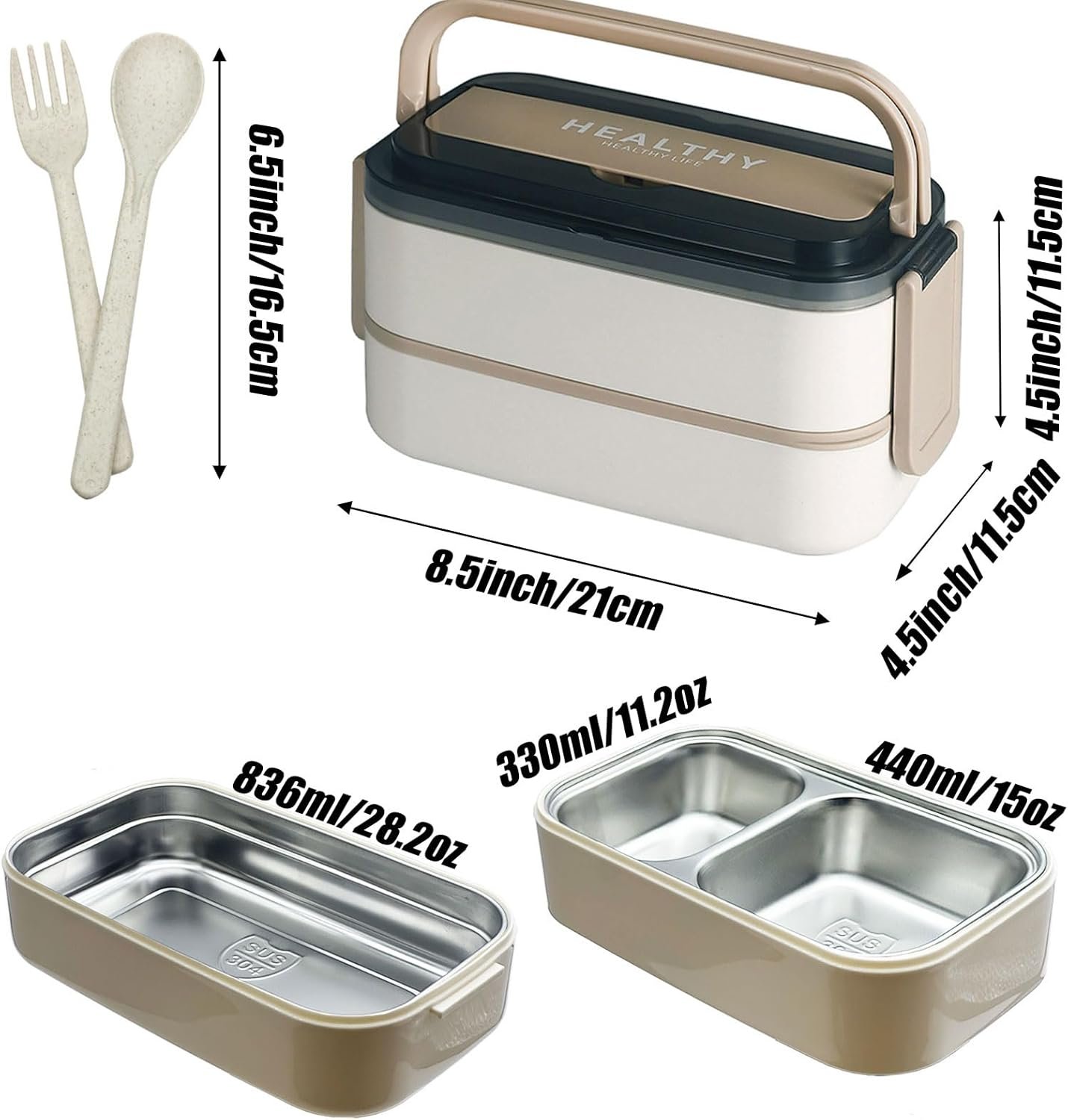 Stainless steel bento box Adult lunch box, ideal food storage container, 2 compartments, wheat cutlery Fork Spoon, suitable for work, travel (apricot) - Image 4