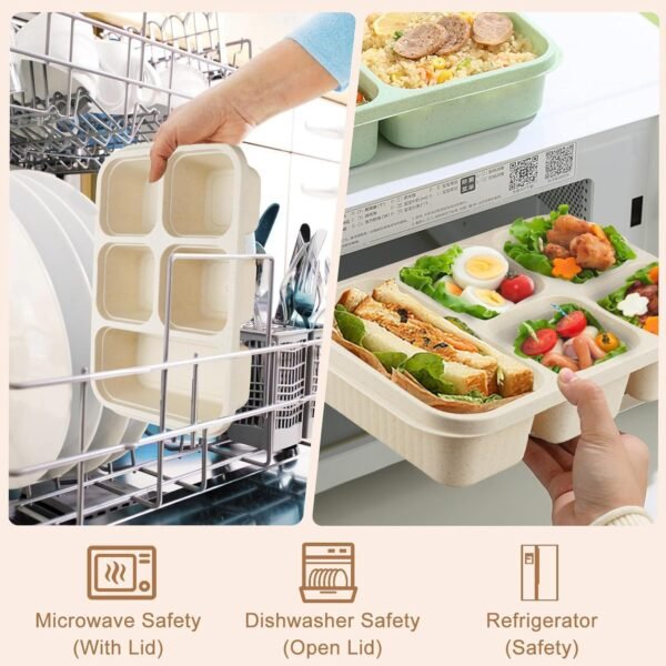 Bento Box Lunch Box,4Pcs Premium 5 Compartment Food Container Wheat Straw Meal Prep Container Lunchbox Container Storage Containers - Image 2