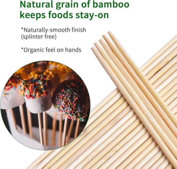 Natural Bamboo Skewers 6 Inch, Kids Friendly/True Semi Pointed, For Fruit Kabobs Kebab Swizzle Appetizer Chocolate Fountain Fondue BBQ, Wooden Sticks For Cake Pop, Lollipop, Size Choices 4.3”,8”,10” - Image 3