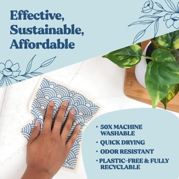 FEBU Swedish Dishcloths for Kitchen | 5 Pack Watercolor Dish Towels | Reusable Paper Towels Washable | Non-Scratch Cellulose Sponge Cloths | No Odor, Biodegradable, Swedish Cloths - Image 5