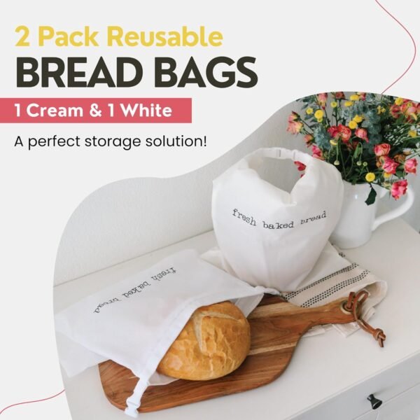 Reusable Bread Bags for Homemade Bread | 2-Pack 13"W x 18"H Plastic Reusable Bread Bag w/Food Grade Liner, Metal Zipper & Buckle | Freezer Safe, Machine Washable Sourdough Bread Storage - Image 2
