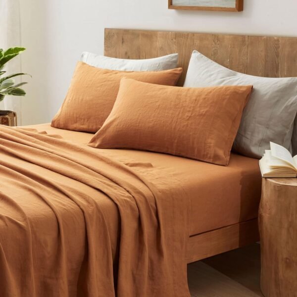 ATLINIA Bedding Linen Sheets Set Bed - 100% French Linen Sheets King Size Organic Flax Bedding Farmhouse Boho Style - Deep Pocket Fitted Sheet & Flat Sheet & 2 Pillowcases (Rust, King) - Image 6