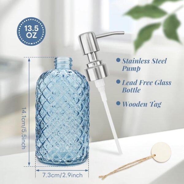 13.5Oz Gem Design Soap Dispenser with Stainless Steel Pump, Refillable Glass Soap Dispenser for Hand Soap, Dish Soap, Lotion (Blue) - Image 2