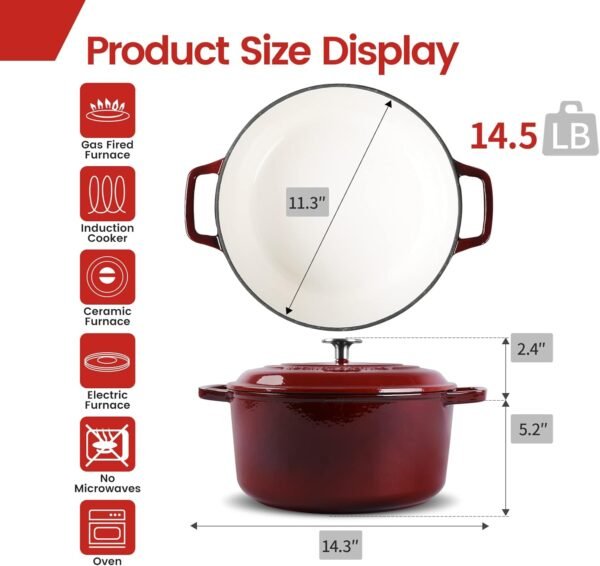 Enameled Cast Iron Dutch Oven with Lid, 7.5 Quart, Bread Oven, Enameled Cast Iron Cookware for Soup, Meat, Bread, Baking, Wine Red - Image 5