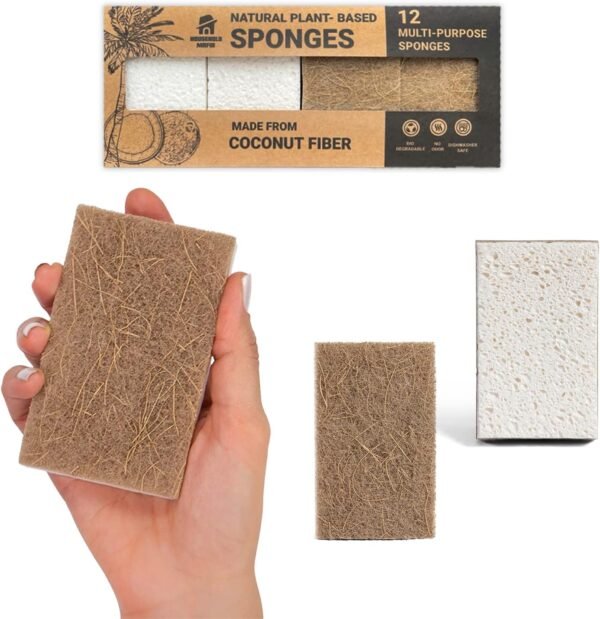 Biodegradable Natural Kitchen Sponge - Compostable Cellulose and Coconut Scrubber Sponge - Pack of 12 Eco Friendly Sponges for Dishes - Image 5