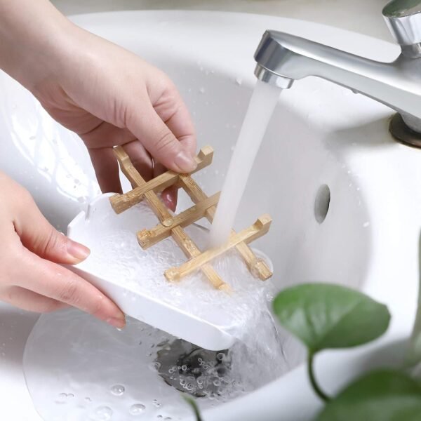 Bamboo Wooden Soap Dishes for Bathroom Bar Soap Holder Shower Soap Holder Sink Deck Bathtub Shower Tray (One Pieces White) - Image 5