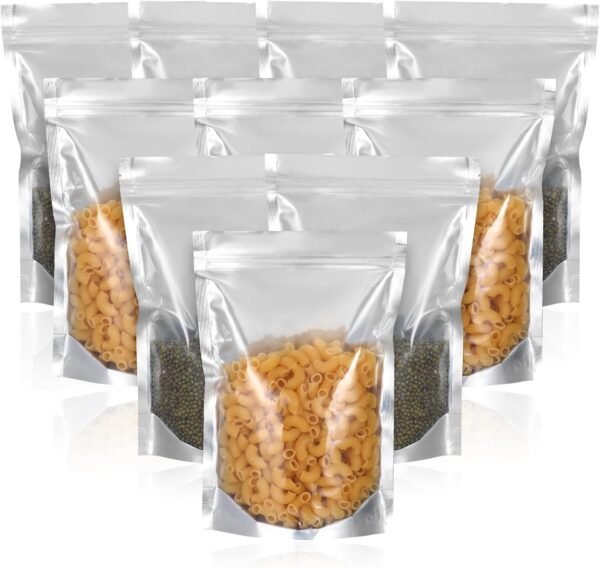 100 Pack 7 x 10 Inch Stand Up Pouch Bags with Resealable Lock Seal Zipper Clear Front Aluminium Foil Back Mylar Bags Reusable Food Storage Bags for Multipurpose