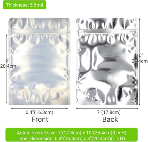 100 Pack 7 x 10 Inch Stand Up Pouch Bags Zipper Mylar Bags Clear Front with Aluminum Foil Back Reusable Food Storage Bags for Multipurpose with Gusset Bottom(5.5mil Thickness) - Image 2