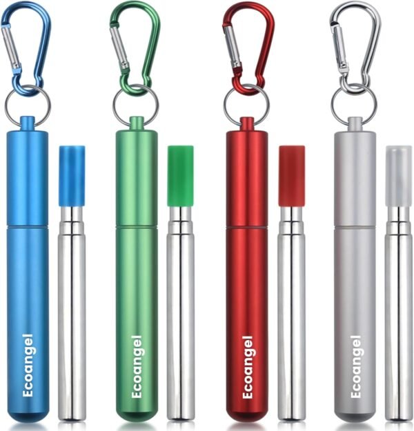 4-Pack Collapsible Stainless Steel Drinking Straws with Aluminum Case, Cleaning Brush, and Keychains - Silver, Blue, Red, Green