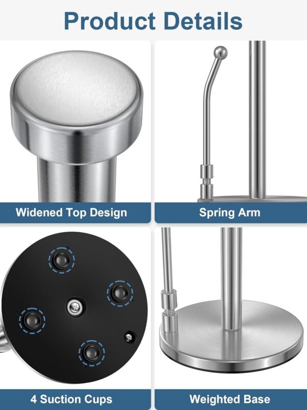 SMARTAKE Paper Towel Holder, Paper Towel Dispenser Standing Weighted Base Non Slip, Spring Arm for Easy Tear, Stainless Steel Paper Towel Holder for Home Kitchen Countertop Tabletop, Silver - Image 7