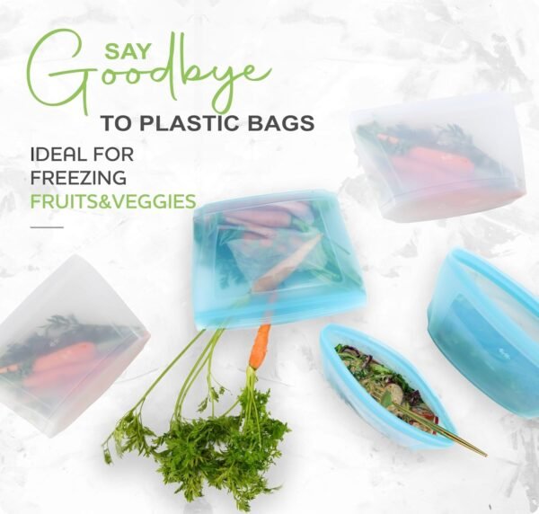 Reusable Silicone Food Storage Bag, Set of 6 White Stand Up Food Storage Container, Reusable Zipper seal bag, no lid required, for Food Storage& Meal Prep, Freezer Oven Dishwasher - Safe - Image 3