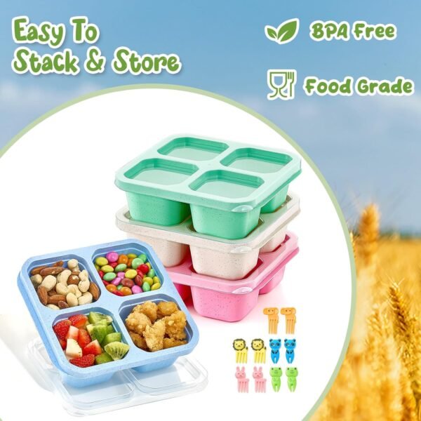 Bento Snack Boxes 4 Pack, Reusable Bento Boxes Kids Adults with 4 Compartments & Fork, Lunch Snack Containers, Wheat Straw Meal Prep Lunch Box, Divided Food Storage Containers for School Work Travel - Image 4