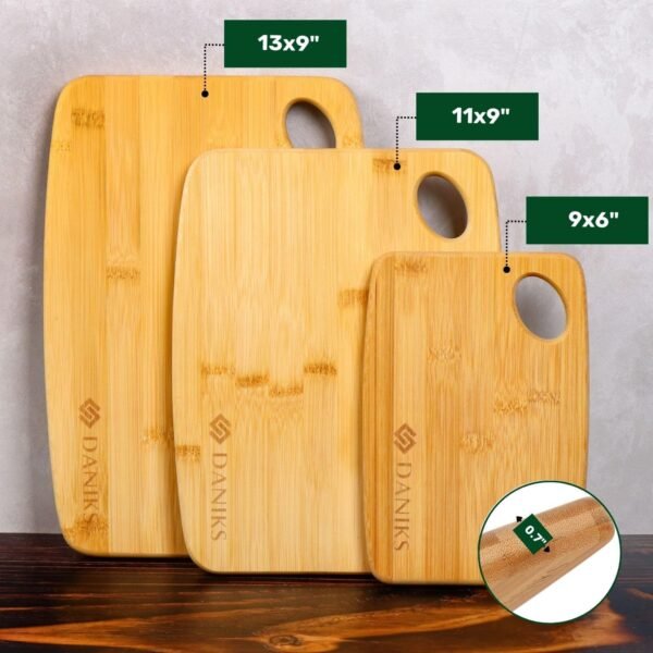 Daniks 100% Organic Bamboo Cutting Board Set of 3 for Kitchen | Heavy Duty Wood Chopping Board | Extra-Thick Cutting Board for Serving, Meat and Veggies (S, M, L) - Image 3